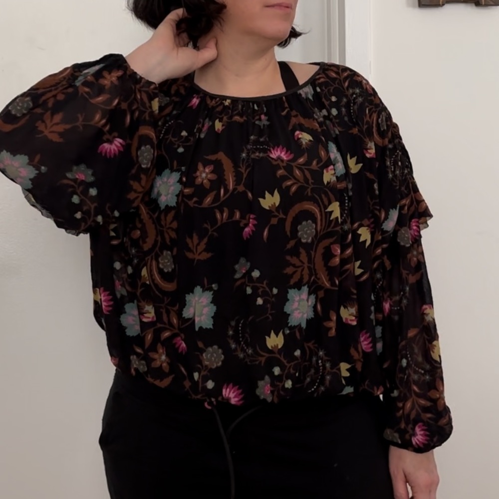 Free People Sheer Blouse Black w Floral in M